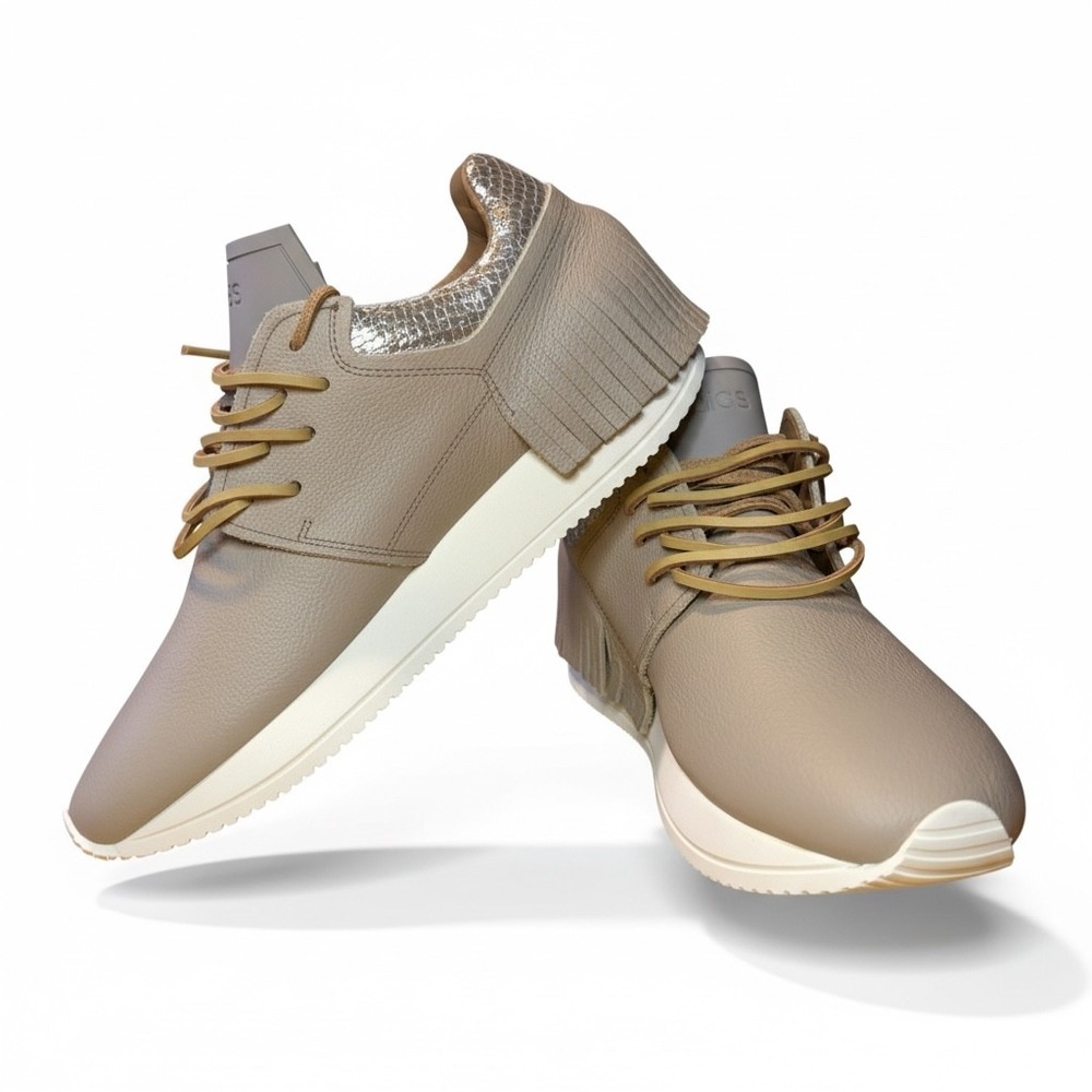 Esse ut Esse Beige Leather Fringe Sneakers Metallic Snakeskin Trim Size 39